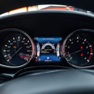 Night Time Dashboard Of Modern Car. Screen Display Of Car Status Warning Light On Dashboard Panel Symbols Which Show The Fault Indicators. Obd Indicator, Seat Belt Reminder And Front Airbag Indicator.